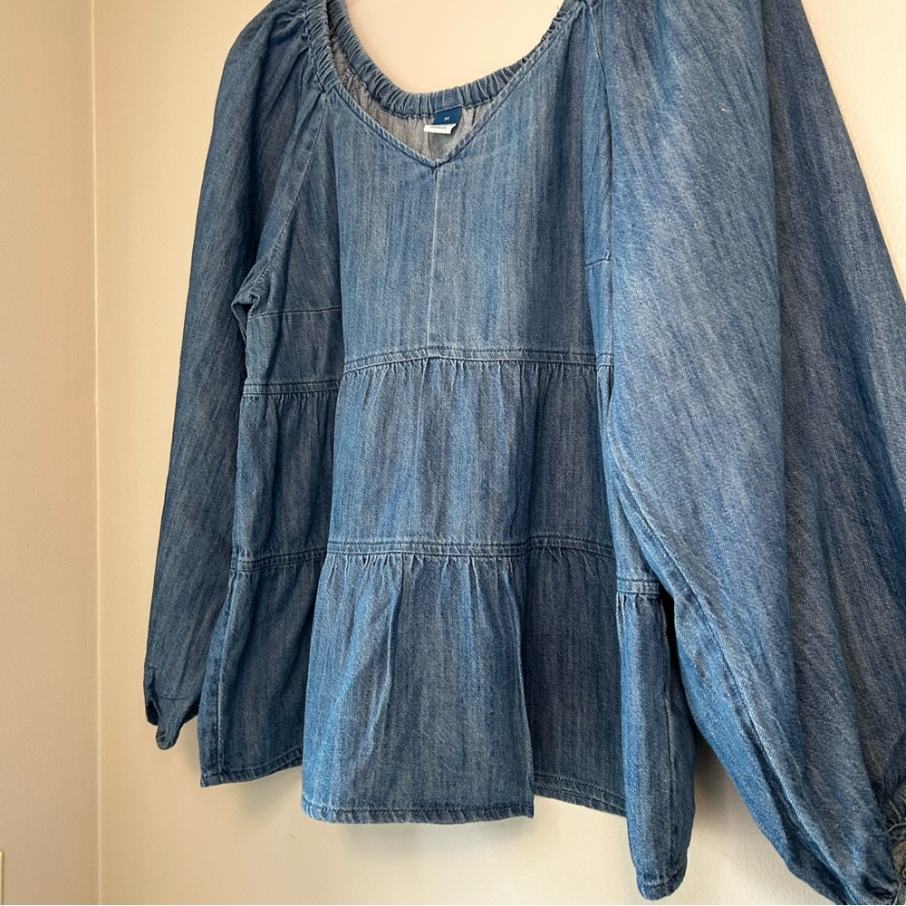 Old Navy Chambray Tiered Peplum Peasant Top Boho Balloon Sleeve – Size M - Picture 4 of 11